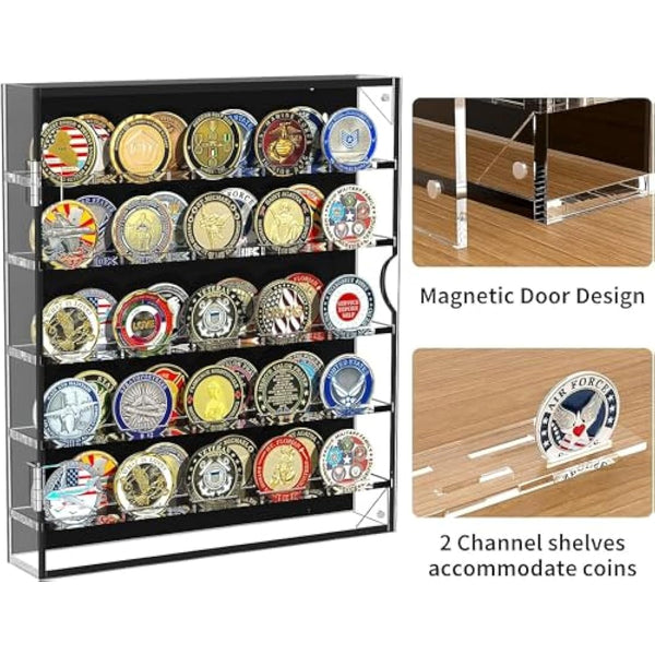 Challenge Coin Wall Display Case, Acrylic Military Challenge Coin Holder with Removable Shelves and Magnetic Door,Coin Box fits 45 Military Medals Poker Chip