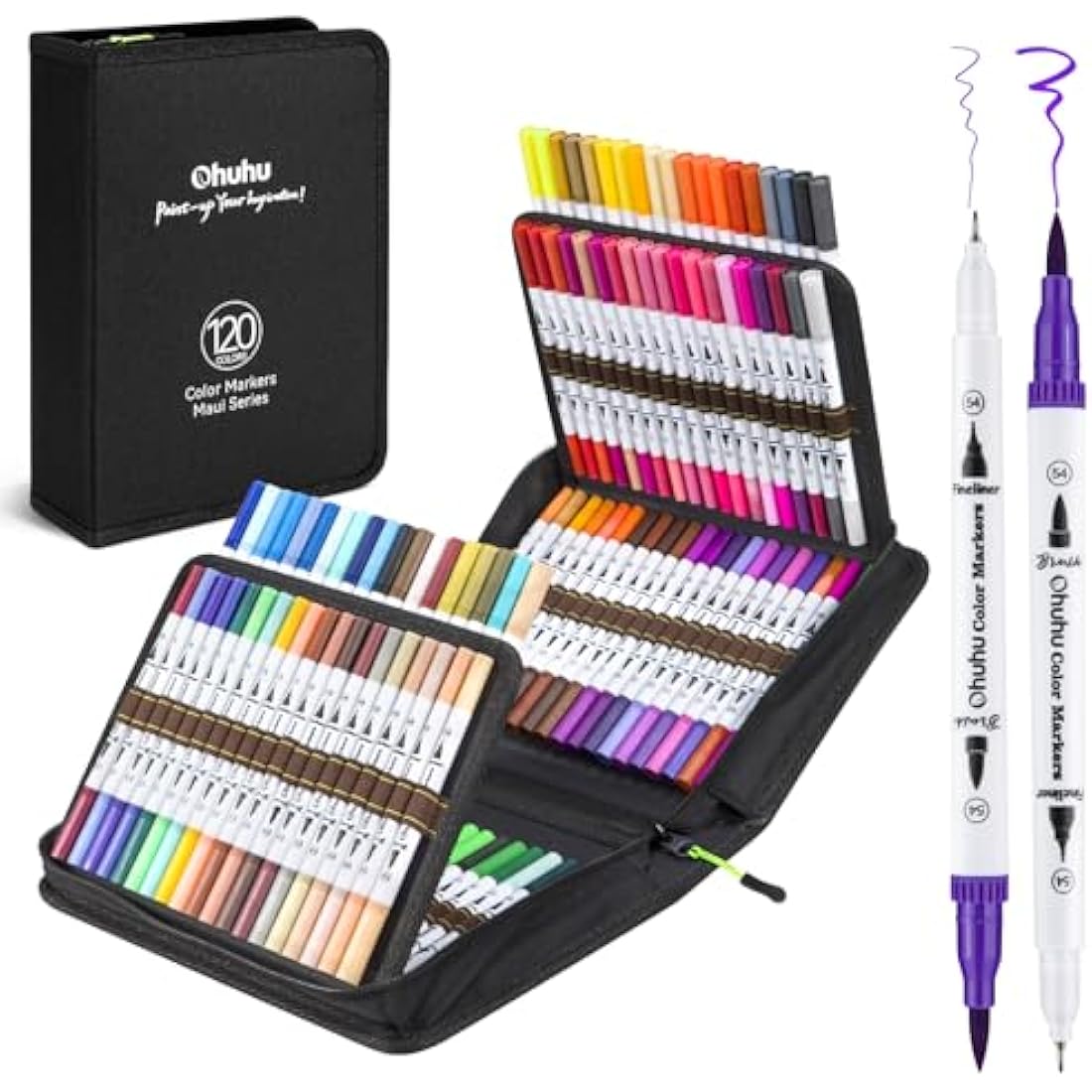 Ohuhu 120 Colours Colouring Pens, Dual Tip Brush Pens Felt Tip Pens, Art Markers with Fineliner, for Kids Adults Colouring Book Drawing Calligraphy Sketching Journal, Maui - Carrying Bag