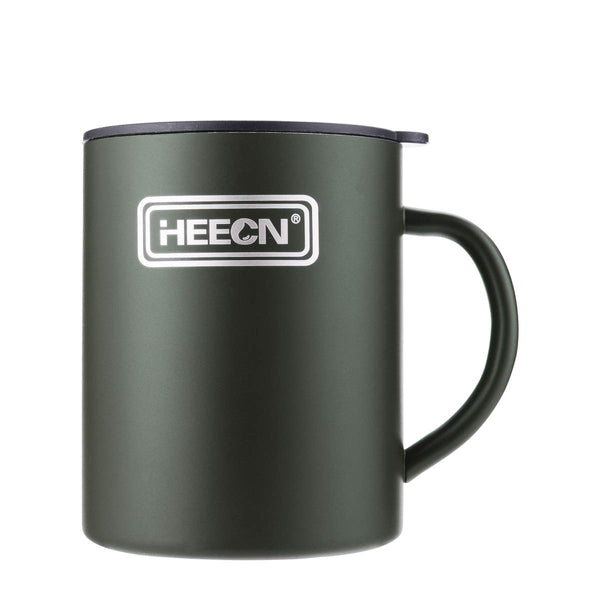 HEECN Camping Mugs - Double Walled Stainless Steel Mug for Hot Drinks with Lid - Army Green - Backpacking – Trekking – Hiking - HESS-038BG (10oz with Rotating lid)