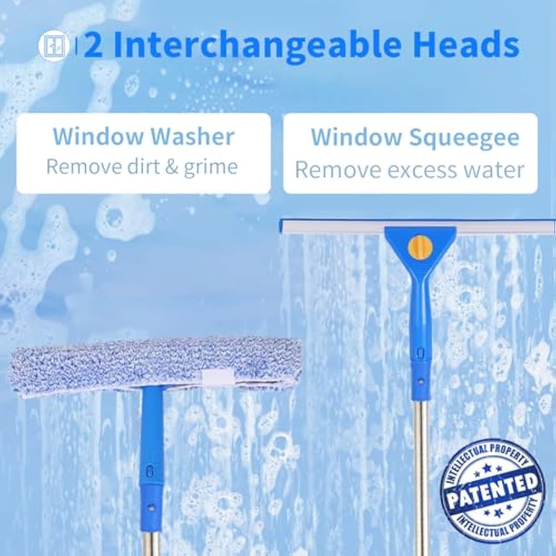 3m Window Squeegee Cleaner Tool Kit with Long Handle, 35cm Window Washing Squeegee and 38cm Scrubber Cleaning Equipment for Home, Shower Glass, Car, RV