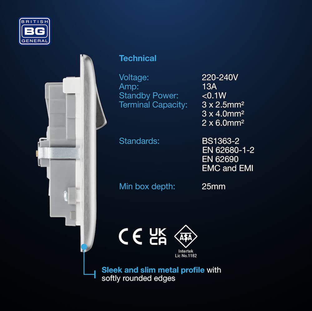 BG Electrical Cooker Switch with Socket and LED, Cooker Control Unit, Control Socket, Double Pole, Raised Profile, Round Edges, Nexus Metal, Brushed Steel, Grey Inserts, 45A, NBS70G