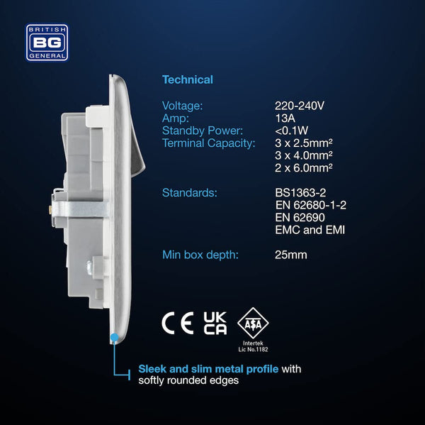 BG Electrical Cooker Switch with Socket and LED, Cooker Control Unit, Control Socket, Double Pole, Raised Profile, Round Edges, Nexus Metal, Brushed Steel, Grey Inserts, 45A, NBS70G