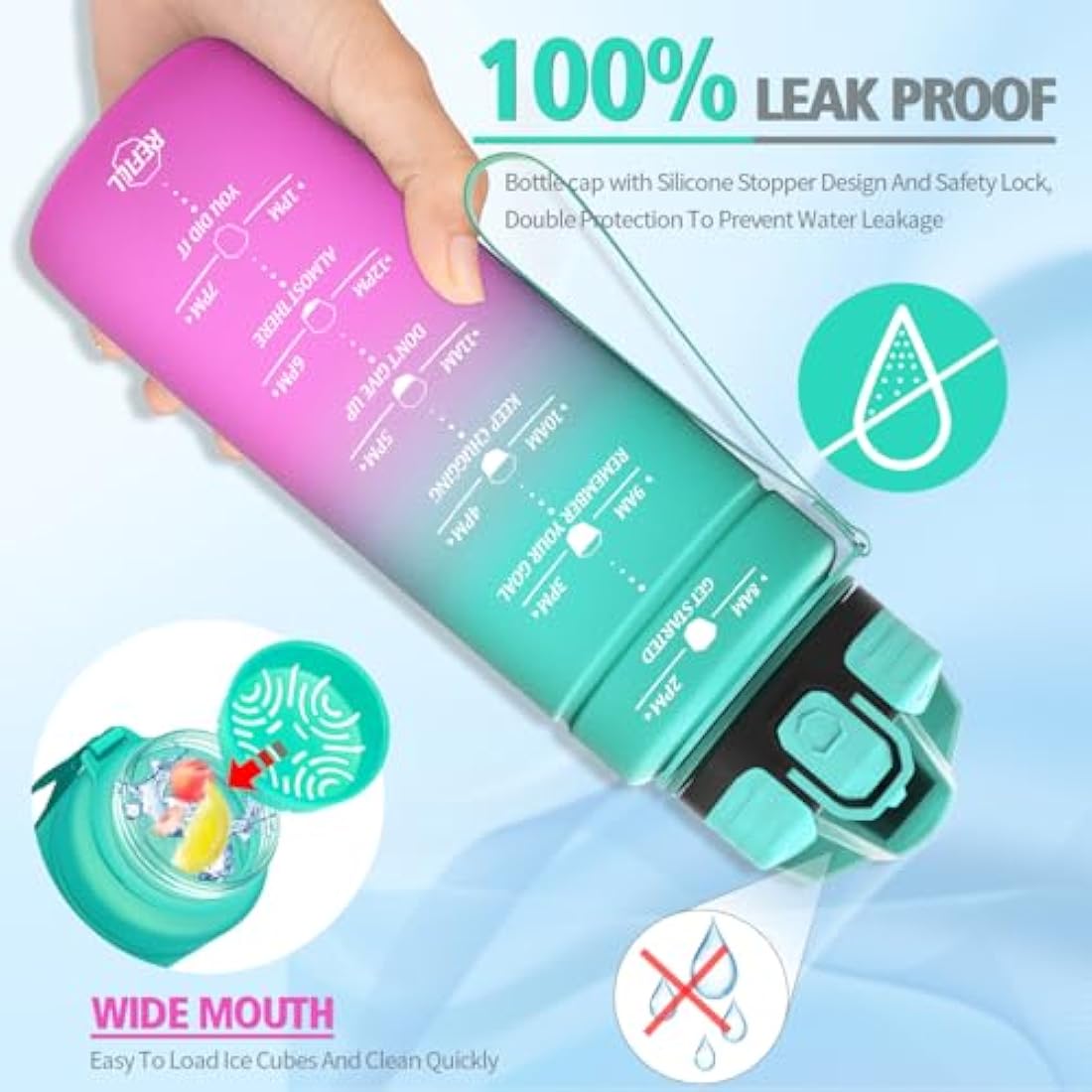 Niggeey 500ml & 700ml & 1000ml Motivational Water Bottle with Time Marker, Sports Water Bottles, Leak Proof BPA Free Tritan Drink Bottle for Kids, Men, Women, Running, Cycling, School, Gym and Sport