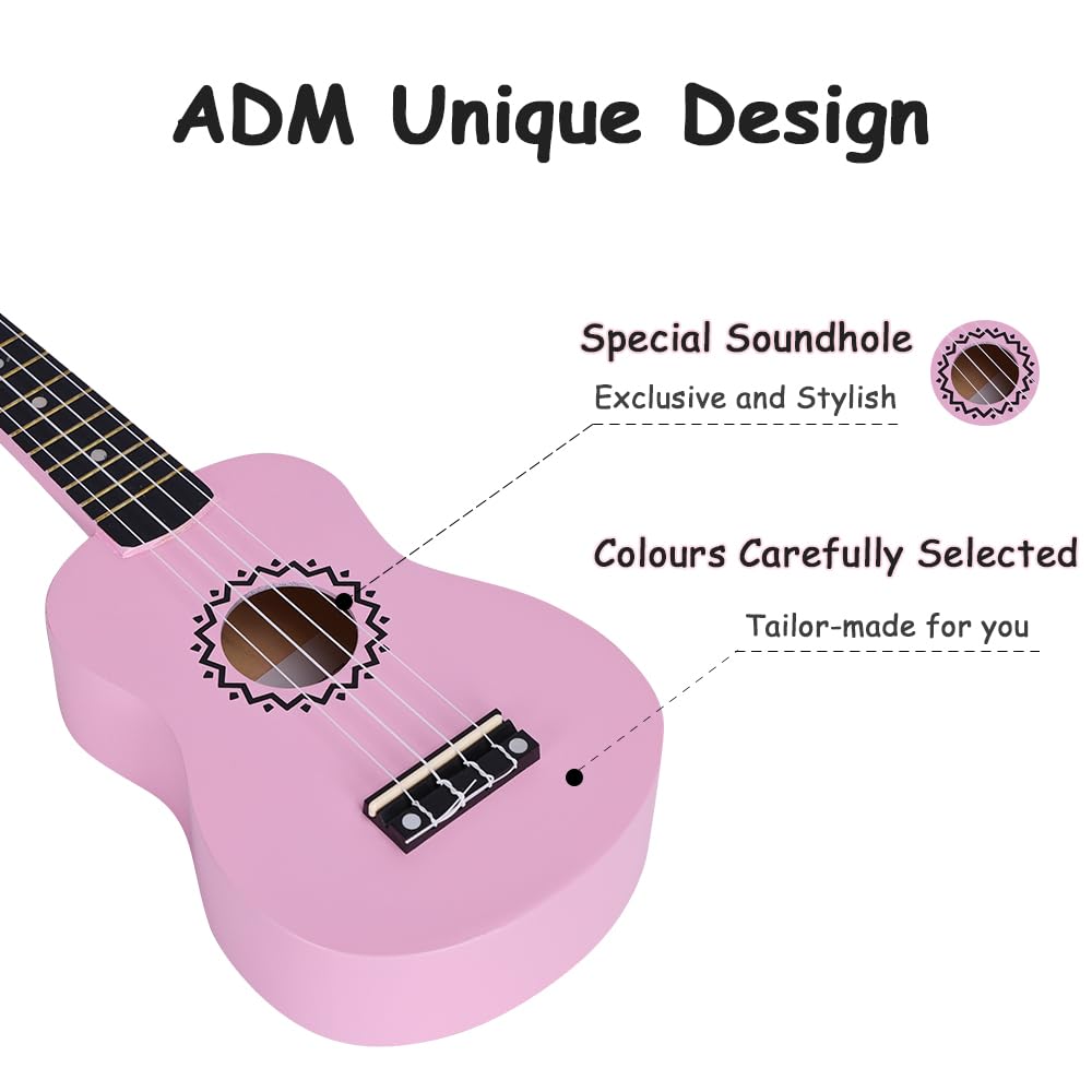 ADM Soprano Ukulele Set for Kids and Beginners, Ukulele Starter Kit with Bag, Clip-On Tuner, Rainbow Strings, Colourful Strap, Plectrum, Fingerboard Sticker, Chord Card (Dark Blue)
