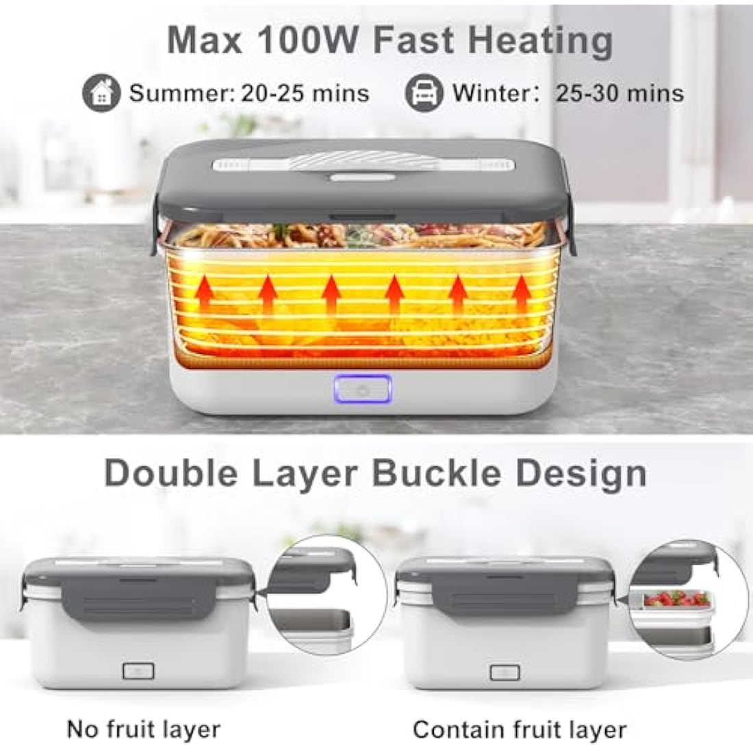 Herrfilk 100W Electric Lunch Box Adults, 1.8L Thermal Lunch Box with Compartments for Fruits, Heated Lunchbox with 230V Home/Office & 12V 24V Car/Truck Cables, Insulated Lunch Bag, Spoon and Fork