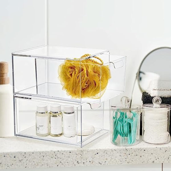 Greentainer Makeup Organizer With Drawers - Stackable Clear Plastic Organizer Drawers,4.5 Inches Tall Organize Cosmetics and Beauty Supplies on a Vanity (Clear 3 Pack with 3 Qtips Holder)