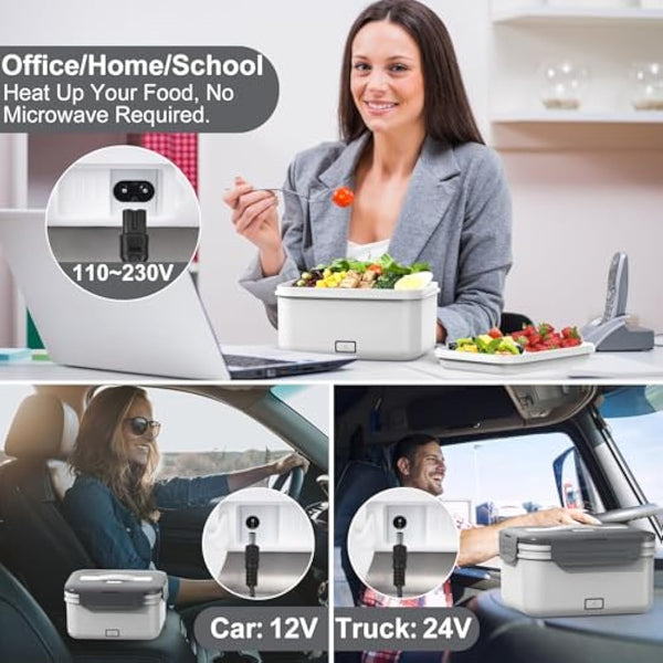 Herrfilk 100W Electric Lunch Box Adults, 1.8L Thermal Lunch Box with Compartments for Fruits, Heated Lunchbox with 230V Home/Office & 12V 24V Car/Truck Cables, Insulated Lunch Bag, Spoon and Fork