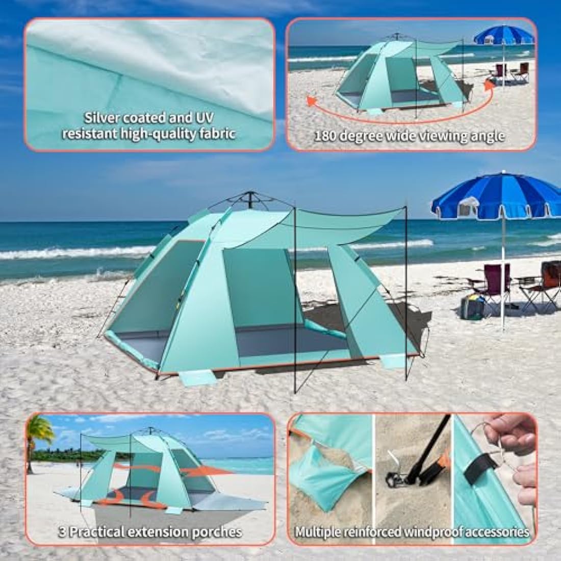 4-5 Person Instant Pop Up Automatic Beach Tent, Extra Large Portable Ventilated Automatic Beach Sun Shelter Tent, UPF 50+ Easy Setup Beach Tent for Picnic,Beach,Garden