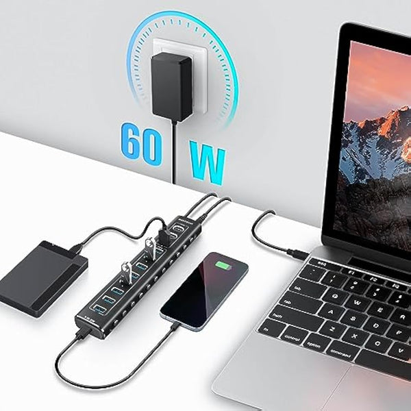 RSHTECH 60W Powered USB 3.2 Hub, 11-Port USBC Hub with 10Gbps Data Port (2C+1A), 7 x USB 3.0 Port and 20W PD, Aluminum USB Splitter with 12V/5A Power Adapter and 3.3ft Long Cable (RSH-A11PD)