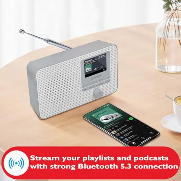 Internet Radio with DAB | Portable DAB+ Bluetooth Radio | Digital Radios Mains and Battery 12hr Play | FM,Podcast Player,Dual Alarm | 60 Presets,Headphone Jack, Colour Display | LEMEGA IR1 Grey