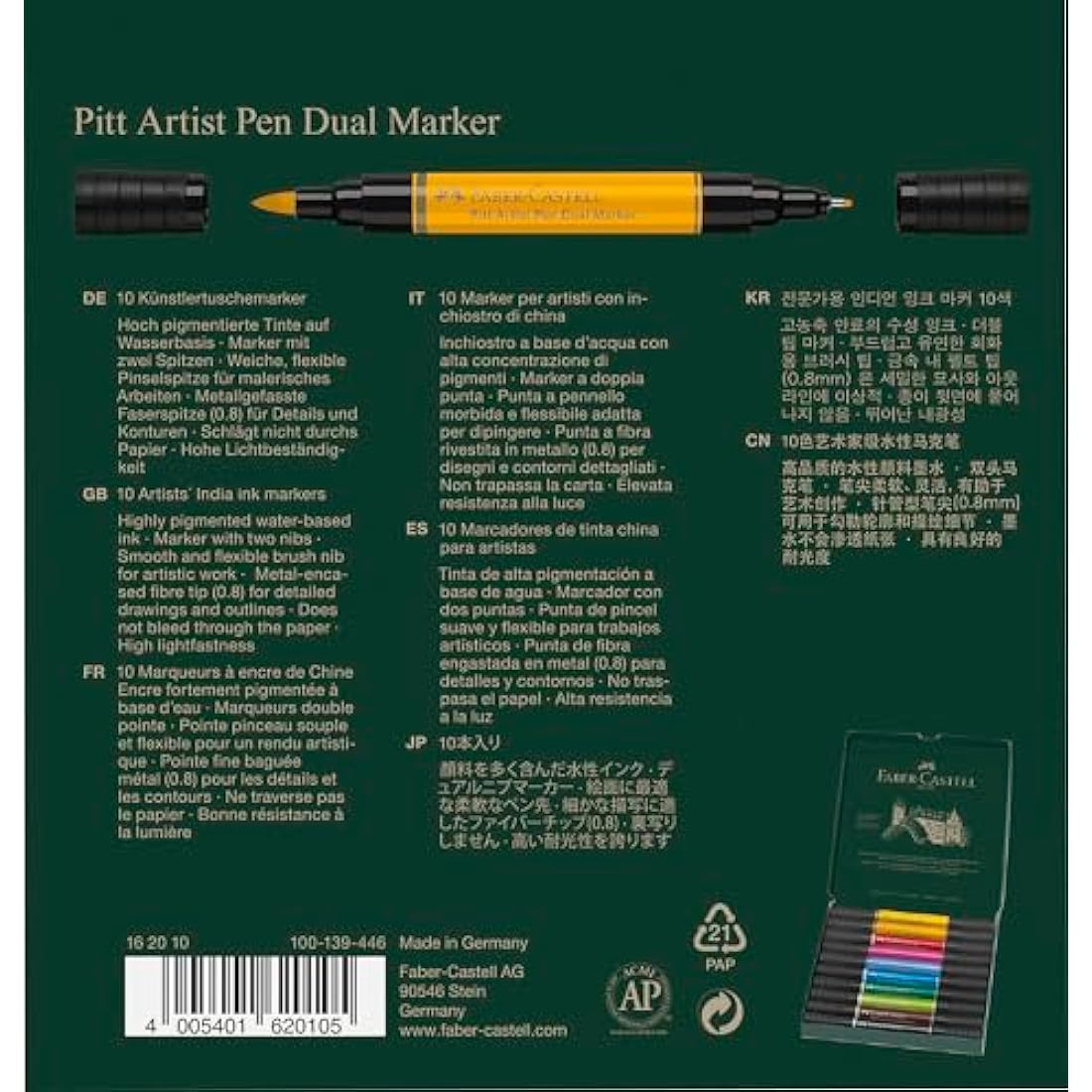 Faber-Castell Art & Graphic Pitt Artist Pen Dual Marker India Ink, Multicoloured, Wallet Of 10, For Art, Craft, Drawing, Sketching, Home, School, University, Colouring