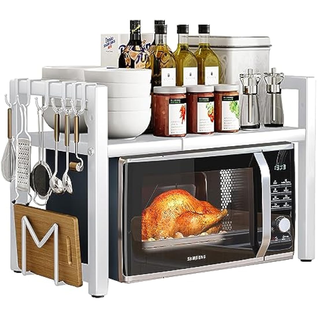 Expandable Microwave Oven Rack 2 Tier microwave shelf, Adjustable Carbon Steel Microwave Shelf,with 6 hooks Kitchen Counter Organizer Shelf Stand,Pot Pan Grill Storage Racks, Width 40-64cm white