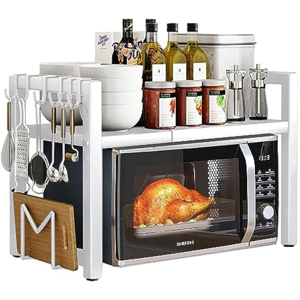Expandable Microwave Oven Rack 2 Tier microwave shelf, Adjustable Carbon Steel Microwave Shelf,with 6 hooks Kitchen Counter Organizer Shelf Stand,Pot Pan Grill Storage Racks, Width 40-64cm white