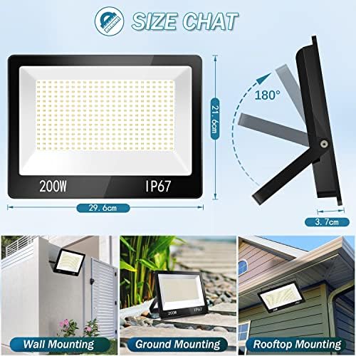 YIQIBRO 200W LED Floodlight Outdoor, 20000LM 7000K Super Bright Security Light, IP67 Waterproof Spotlight for Garden, Garage, Yard, Factory, Warehouse