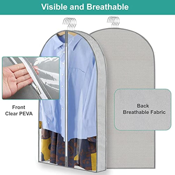 ZSURLUX Garment Bags for Clothes 60 x 100cm 2Pack, Moth Proof Clothes Covers with Zip, Hanging Storage Protector Bags for Wardrobe, Travel, Suitable for Suit, Coat, Jackets, Jumpers,etc. Grey