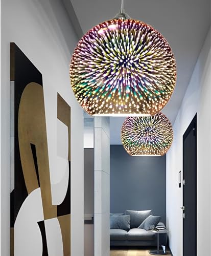 KRUIHAN 3D Firework Light Glass Pendant Light Shade Hanging Ceiling Lights E27 Base Coloured Chandelier for Bedroom,Living Room,Kitchen,20CM(Silver)