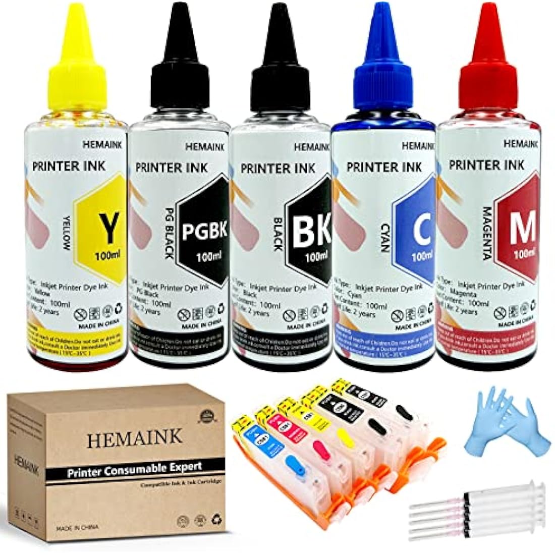 HEMAINK Refillable Ink Cartridges and 5 Bottles Ink Compatible with PGI-580XXL CLI-581XXL,for Pixma TS6150 TS6151 TS6250 TS6251 TS6350 TS6351 TS705 TR7550 TR8550 TS9150 TS9155 TS9550 Printer