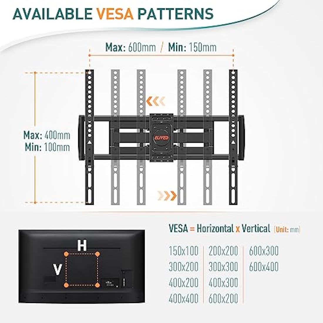ELIVED TV Wall Bracket Tilt Swivel for Most 37"-84" Plasma, LCD, LED, OLED Flat/Curved TVs with Max VESA 600x400mm up to 45KG, Full Motion Wall Mount with Strong Articulating Arms, TV Mount EV015
