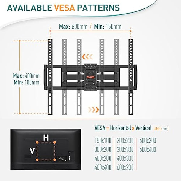 ELIVED TV Wall Bracket Tilt Swivel for Most 37"-84" Plasma, LCD, LED, OLED Flat/Curved TVs with Max VESA 600x400mm up to 45KG, Full Motion Wall Mount with Strong Articulating Arms, TV Mount EV015