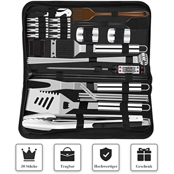 Grilliance 30pcs Stainless Steel Grill Tools Set for Men Gift Birthday, Heavy Duty BBQ Accessories Kit with Bag and Grill Mat, Portable Grilling Utensils for Outdoor Camping Silver