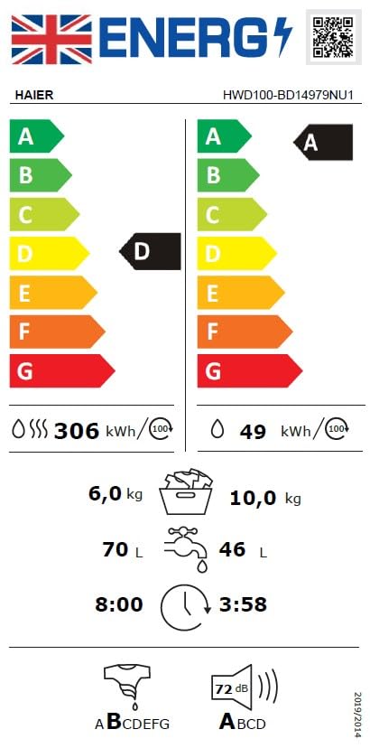 Haier I-Pro Series 7 Plus HWD100-BD14979NU1 Freestanding Washer Dryer, Max. cotton filling capacity 10 kg, 1400 RPM, Direct Motion Motor, Anti-Bacterial Treatment, White, 60x62x85 cm
