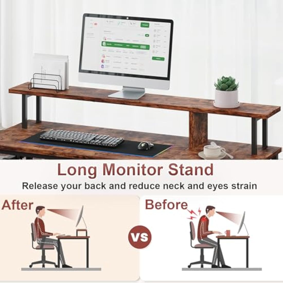 Dripex Computer Desk Home Office Desk with Monitor Stand & Storage Shelves Rustic Brown Work Writing Desk Gaming Table for Small Spaces (L107.5x W48x H95cm)