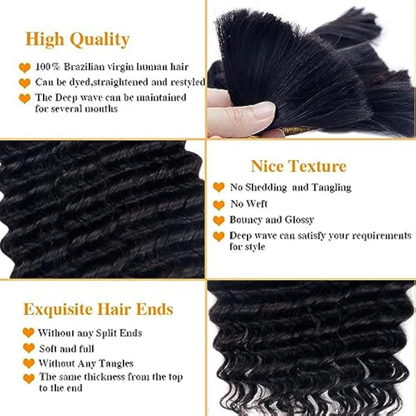Double Drawn Human Hair Extensions For Braiding Human Hair Braiding Hair For Micro Braids 20 Inch Human Hair Bulks For Braiding No Weft Same Thick From Root To Ends Braids Deep Wave 1b 100g（50g x 2）