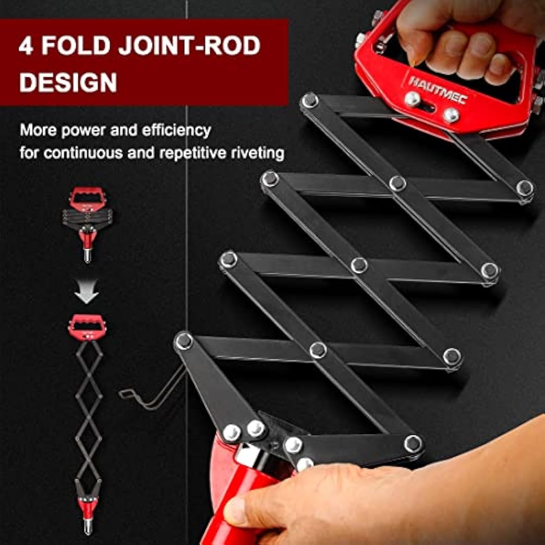 HAUTMEC 5-in-1 Rivet Gun 12" Expert Heavy-Duty Lazy Tong Pop Riveter with Portable Wrench, Single Pull Action Riveter, Fast Riveting HT0130-UK