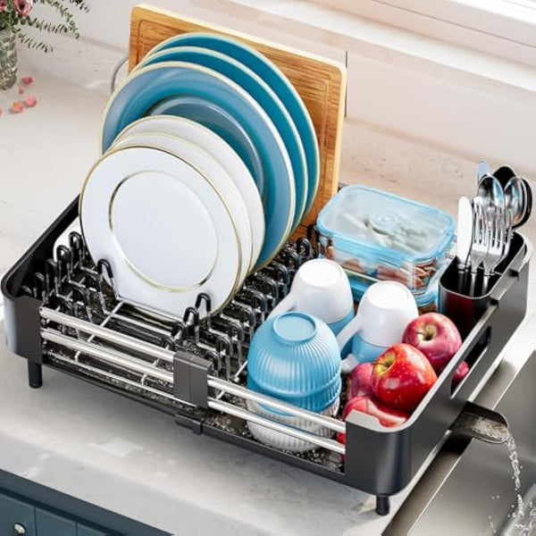 KINGRACK Extendable Dish Drainer Rack, Stainless Steel, Foldable Dish Rack with Removable Cutlery Holder and Anti-Scratch Holder, Adjustable Draining Board Rack with Drainage Spout, Black