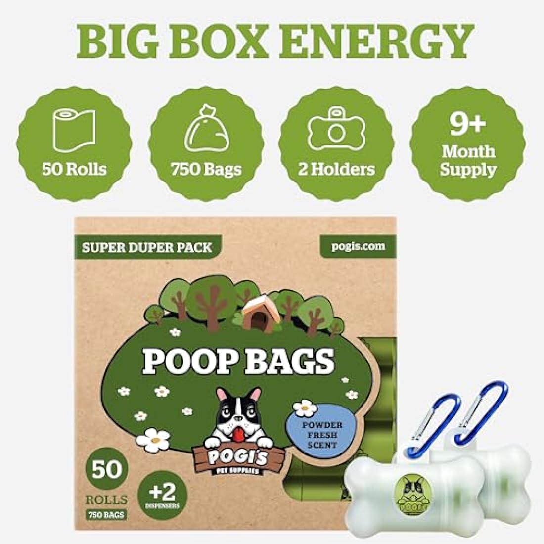 Pogi’s Dog Poo Bags – 750 Bags (50 Rolls) with 2 Dispensers – Biodegradable, Leak-Proof, Extra Strong