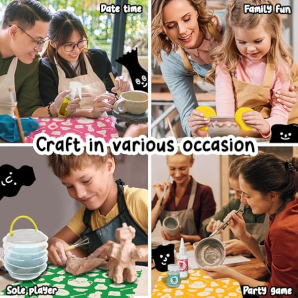 Air Dry DIY Clay Pottery Kit for Beginners & Adults, Sculpting Tools Set & Step-by-Step Guide 12 Paints Paintbrush Varnish Sponge Teen Birthday Gift