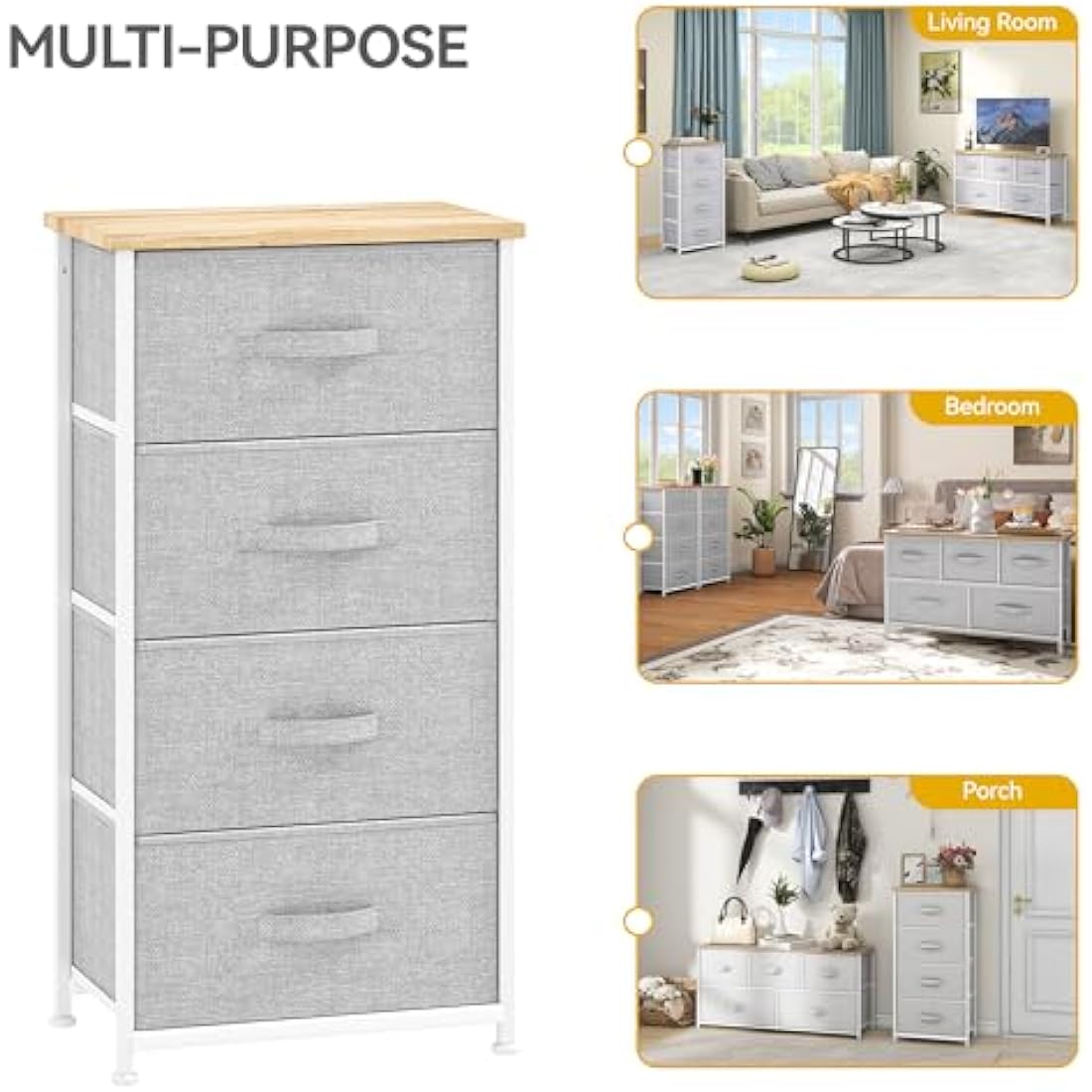 DWVO Chest of Drawers, 4 Fabric Drawers Bedroom Cabinet,Dresser for Bedroom,Living Room With Handles,Wood Top and Sturdy Steel Frame,Light Grey