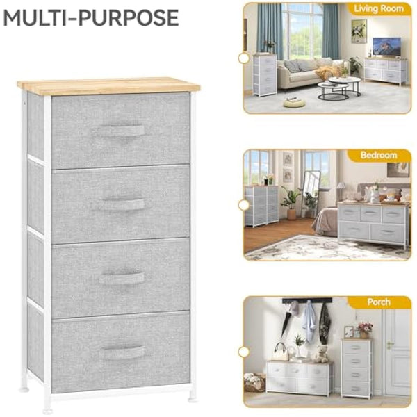 DWVO Chest of Drawers, 4 Fabric Drawers Bedroom Cabinet,Dresser for Bedroom,Living Room With Handles,Wood Top and Sturdy Steel Frame,Light Grey