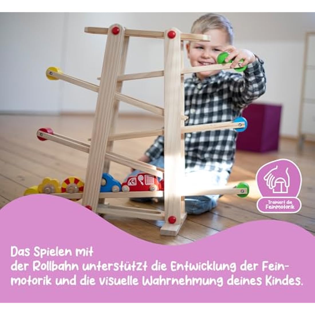 Eichhorn Wooden Marble Run Game | Marble Run for Kids with Colourful Cars and Bright Shapes | Multi-level Play | For Ages 1+
