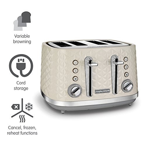 Morphy Richards Vector 4 Slice Toaster, High Gloss Geometric Design, Defrost and Reheat, Variable Width Slots, Removeable Crumb Tray,Cream, 248132