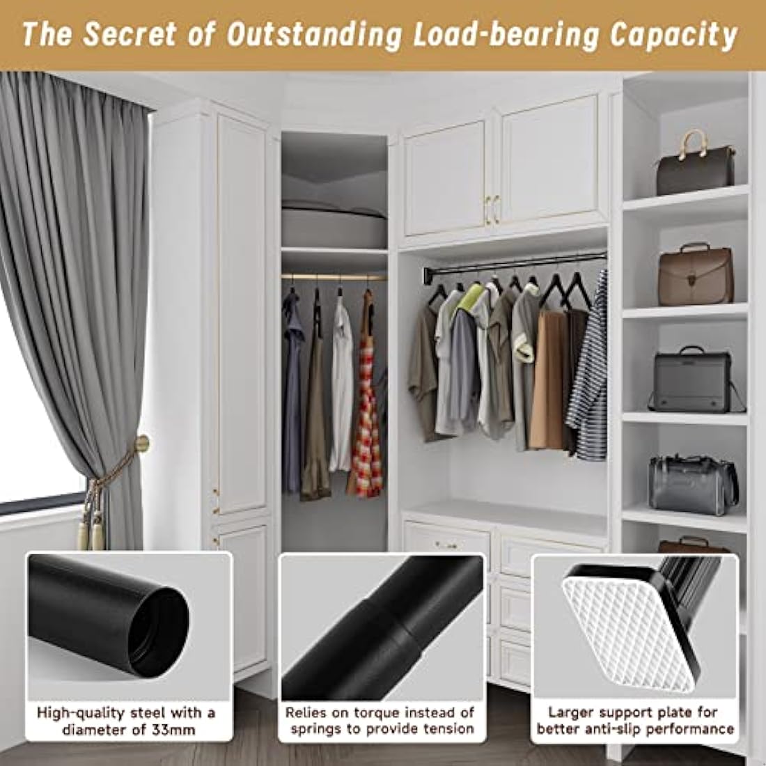 Heavy Duty Tension Pole - 33mm Steel Clothes Rail & Curtain Rod 110-250cm, No Drill Telescopic Pole, Supports 50kg,Multi-Purpose for Drying, Hanging, Bathroom, Kitchen, Wardrobe