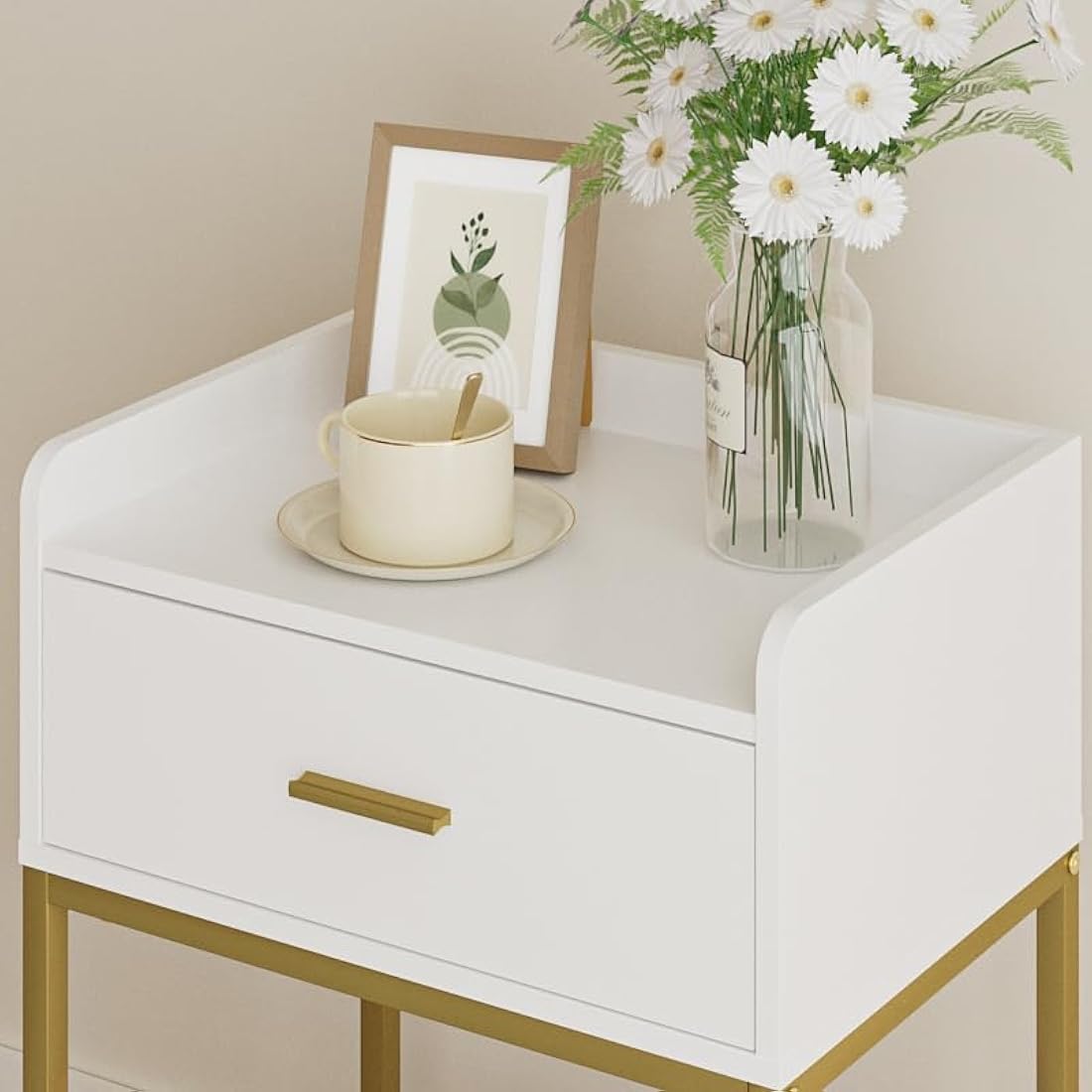 HEYZOEY Bedside Table, 3-Tier Bedside Cabinet with Storage Drawer and Open Shelf, Small End Side Table with Gold Legs for Bedroom, Living Room, White
