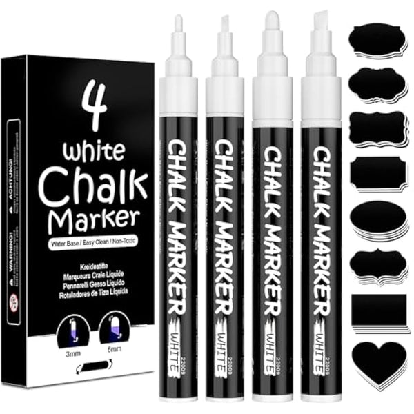 AOSUCO White Chalk Pens, Washable Liquid Chalk Pens for Blackboards, Window, Glass, Chalkboard, Jars, 4 Pack Chalk Markers (3mm & 6mm Reversible Tip) with 45 Labels, Wipeable Blackboard Pens