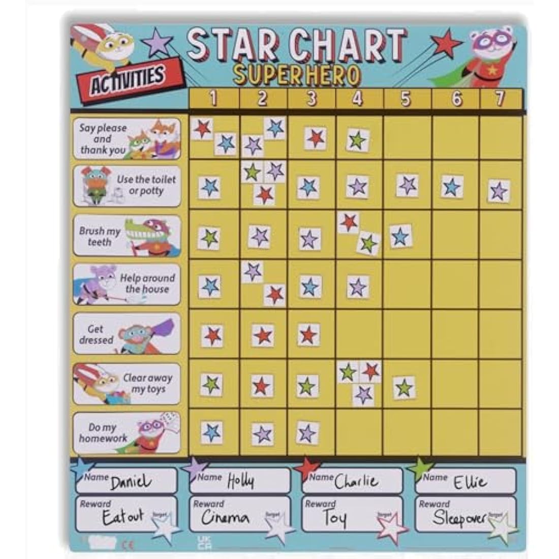 Fiesta Crafts Superhero Star Reward Chart - Magnetic Chore Board for Kids & Toddlers - Colour-Coded & Tracks Up to 4 Children to Encourage Good Behaviour - 200+ Stars, 19 Activity Suggestions, & Pen