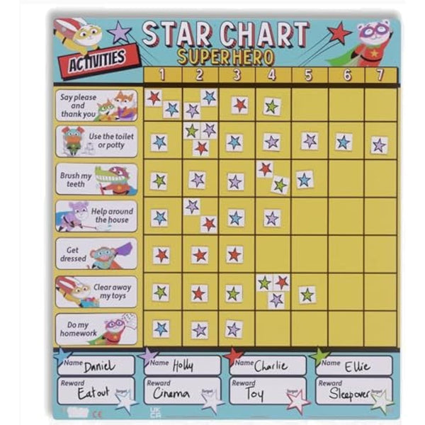 Fiesta Crafts Superhero Star Reward Chart - Magnetic Chore Board for Kids & Toddlers - Colour-Coded & Tracks Up to 4 Children to Encourage Good Behaviour - 200+ Stars, 19 Activity Suggestions, & Pen