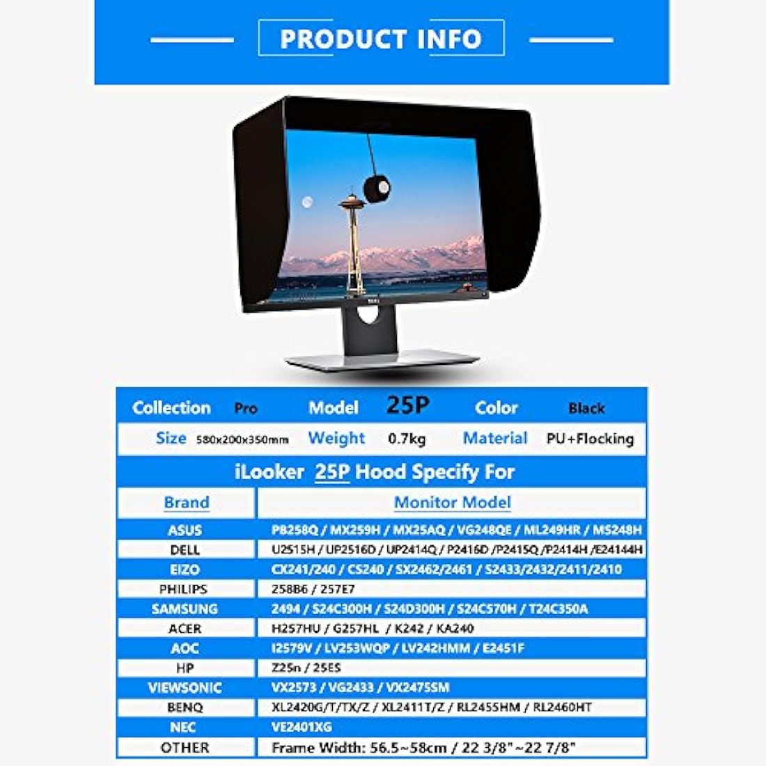 iLooker 25P 25-inch Thick Frame LCD LED Video Monitor Hood Sunshade Sunhood for Dell HP Viewsonic Philips Samsung LG EIZO NEC ASUS ACER BENQ AOC LENOVO iMac, Fits Monitor Frame Width 565-580mm