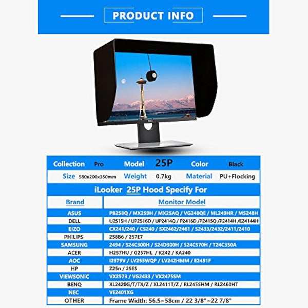 iLooker 25P 25-inch Thick Frame LCD LED Video Monitor Hood Sunshade Sunhood for Dell HP Viewsonic Philips Samsung LG EIZO NEC ASUS ACER BENQ AOC LENOVO iMac, Fits Monitor Frame Width 565-580mm
