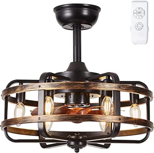 IZOWE Ceiling Fans with Lights and Remote, Industrial Caged Ceiling Fan 3 Speed Vintage Reversible Ceiling Fans with Lamps for Bedroom Dining Room Kitchen E14*6