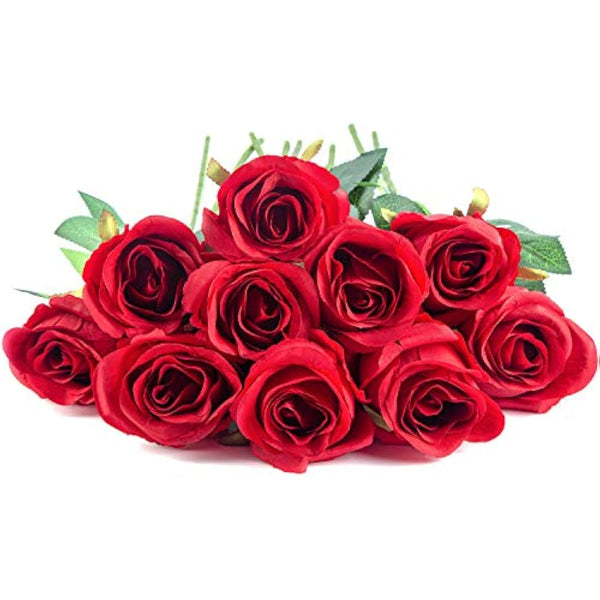 Flojery 10pcs Artificial Rose Flowers Long Stem Fake Silk Roses for DIY Wedding Bouquet Table Centerpiece Home Decor,Red