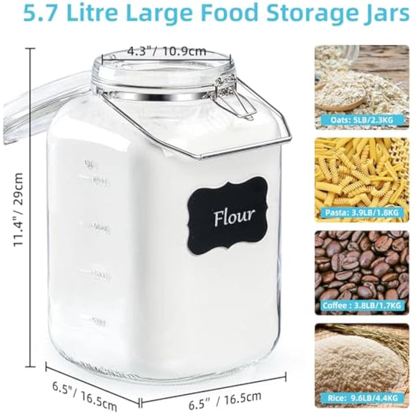 Absovetu Large Clip Top Glass Storage Jar with Lid Airtight 5.7 Litre - Wide Mouth Mason Jar with Handle for Pasta Rice Pickle Cookie Sweet Biscuit Storage Containers
