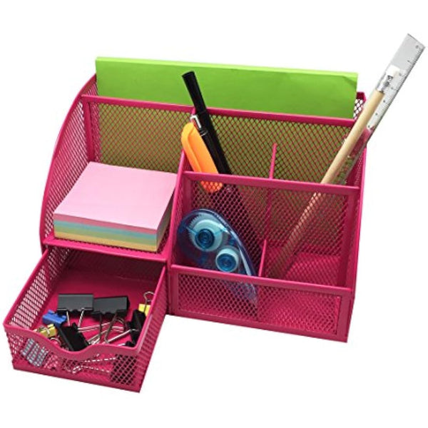 EXERZ Desk Organiser/Mesh Desk Tidy Caddy/Pencil Holder Multifunctional with 7 Compartments - Pink