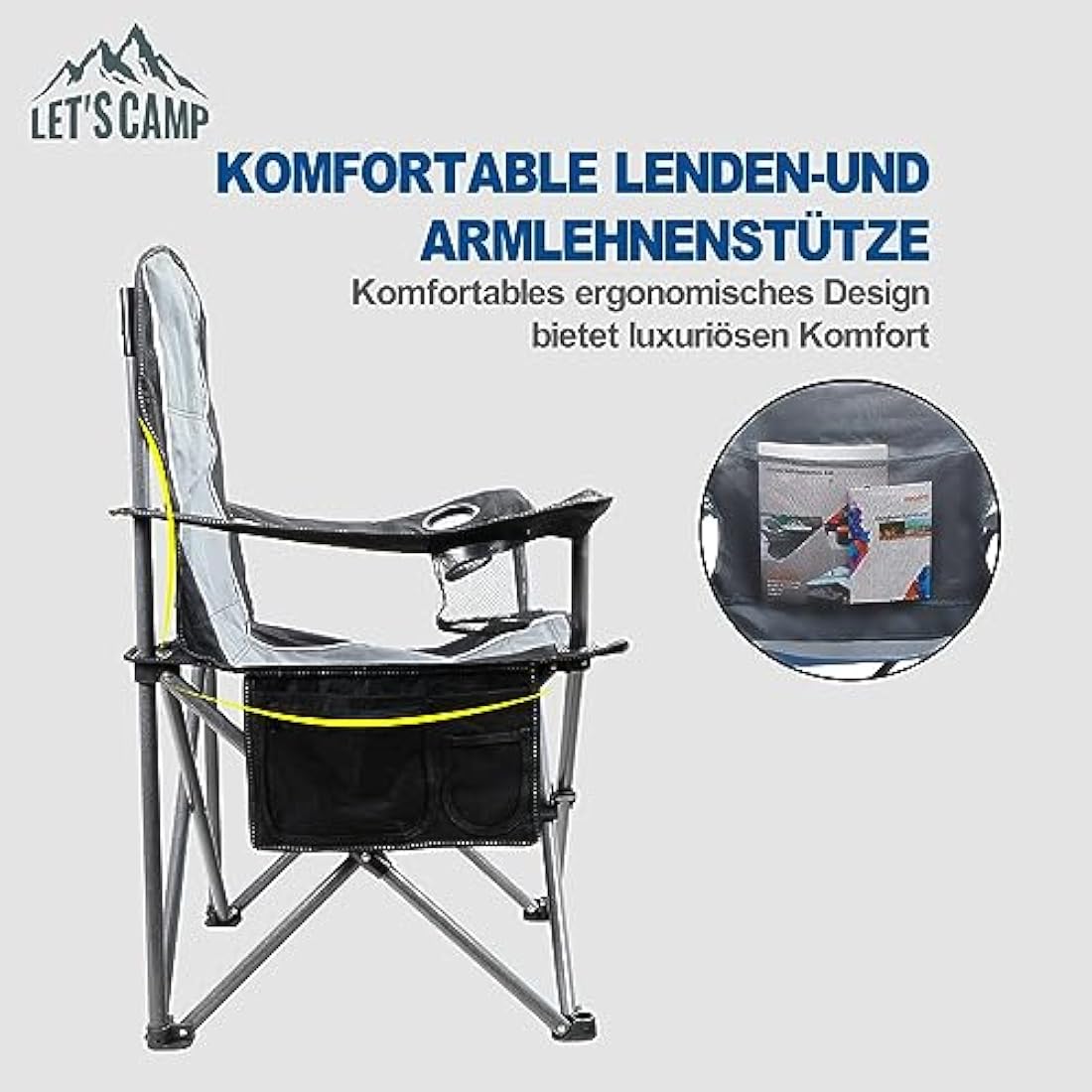 LET'S CAMP Camping Chair Foldable Fishing Chair, Heavy Duty Steel Frame Outdoor Chair with Cup Holder and Carrying Bag XL size up to 160kg