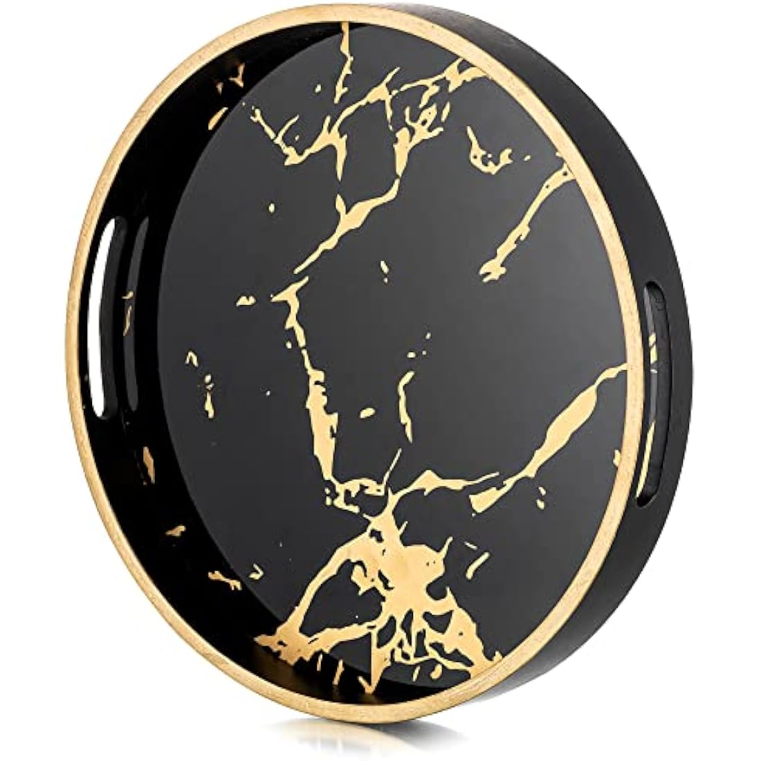 Hanobe Round Decorative Coffee Tray: Marble Pattern Serving Circle Tray with Handles Coffee Table Trays for Living Room Bar Drink Party Home Kitchen, Black