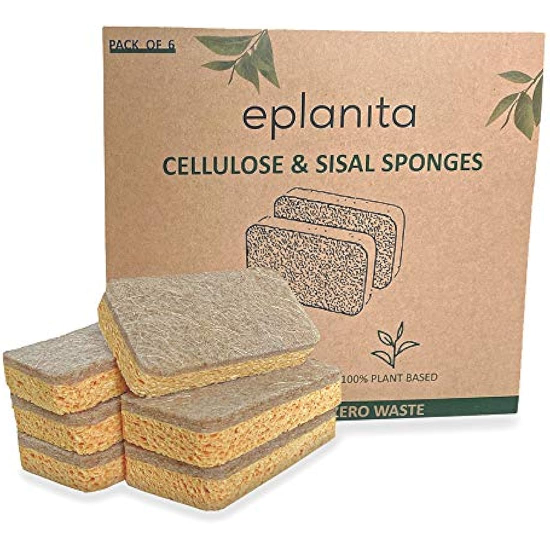 eplanita Natural Plant Based Scrub Sponges (6 Pack), Non-Scratch, Biodegradable Eco Scourers for Kitchen and Bathroom
