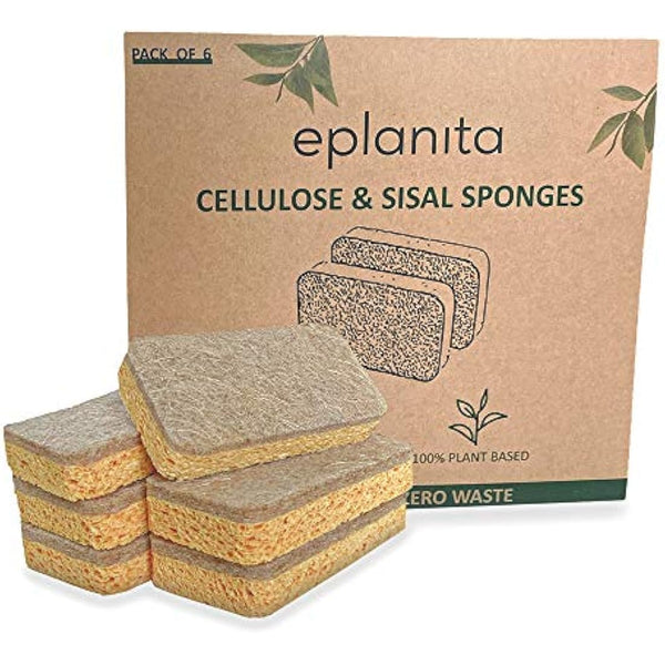 eplanita Natural Plant Based Scrub Sponges (6 Pack), Non-Scratch, Biodegradable Eco Scourers for Kitchen and Bathroom